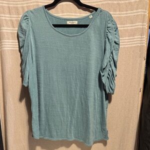 Max Studio Teal Blouse with Ruched Sleeves
